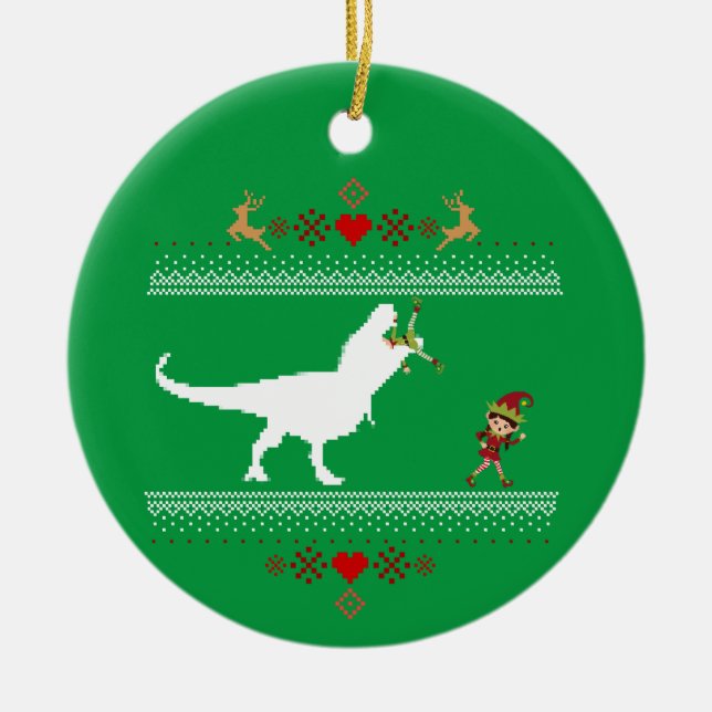 Ornamento De Cerâmica Funny Dinosaur Ugly Sweater Elf T-rex (Frente)