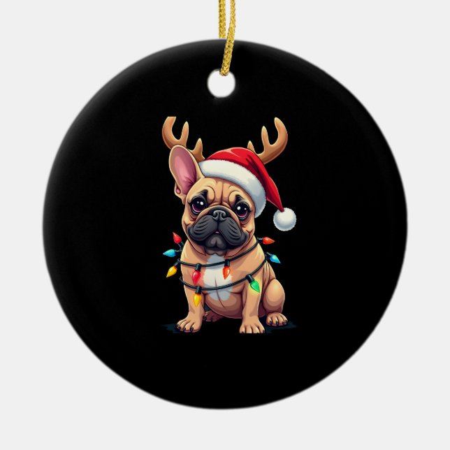 Ornamento De Cerâmica Funny French Bulldog Christmas Light Santa Hat Rei (Frente)