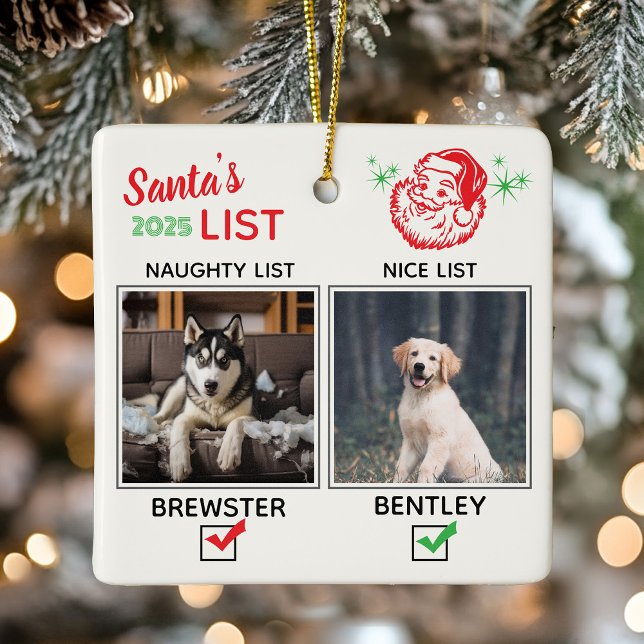 Ornamento De Cerâmica Funny Naughty or Nice Dog Photo Christmas (Funny Naughty or Nice Dog Photo Christmas Ceramic Ornament)