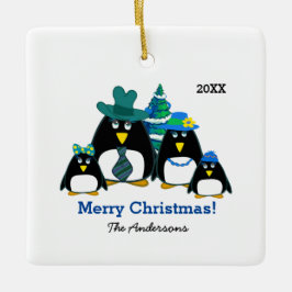 Ornamento De Cerâmica Funny Penguin Family Custom Photo Ornaments