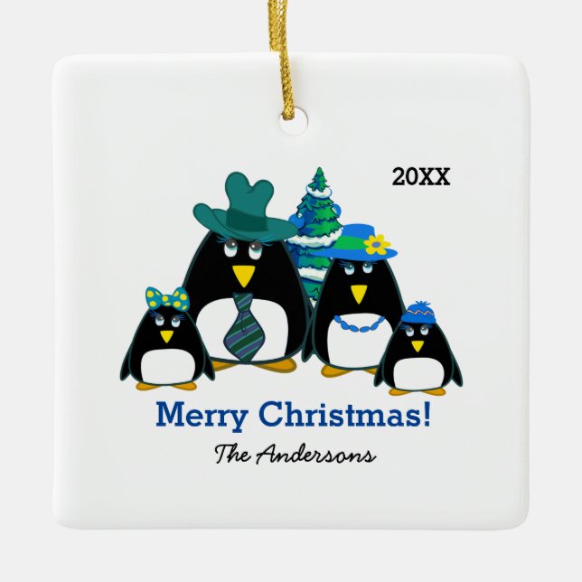 Ornamento De Cerâmica Funny Penguin Family Custom Photo Ornaments (Frente)