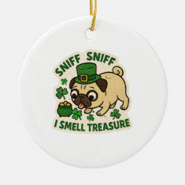 Ornamento De Cerâmica Funny Pug Treasure Hunting St. Patrick’s Day