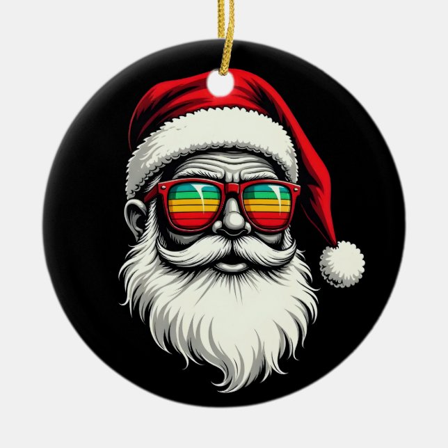 Ornamento De Cerâmica Funny Santa Face Retro Sunglasses Christmas  (Frente)