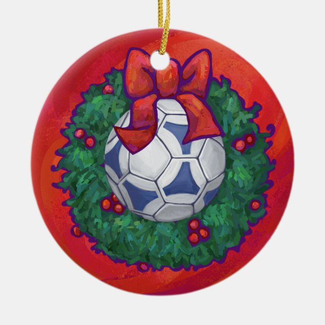 Ornamento De Cerâmica Futbal Festivo em Wreath em Vermelho (Frente)