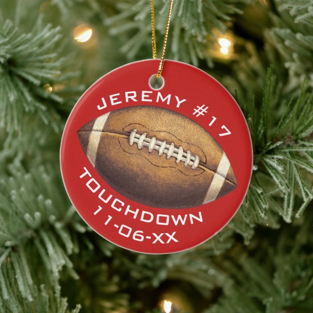Ornamento De Cerâmica Futebol de Natal Red Touchdown Adicione Nome (Árvore)