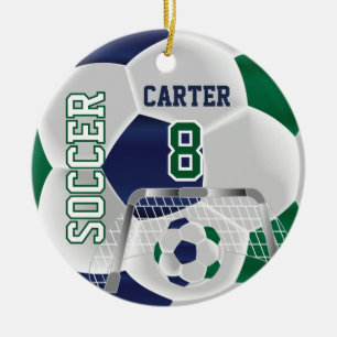 Ornamento De Cerâmica Futebol personalizado verde, branco e azul escuro