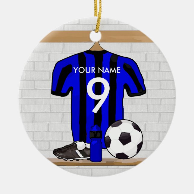 Ornamento De Cerâmica Futebol preto personalizado e futebol azul Jersey (Frente)