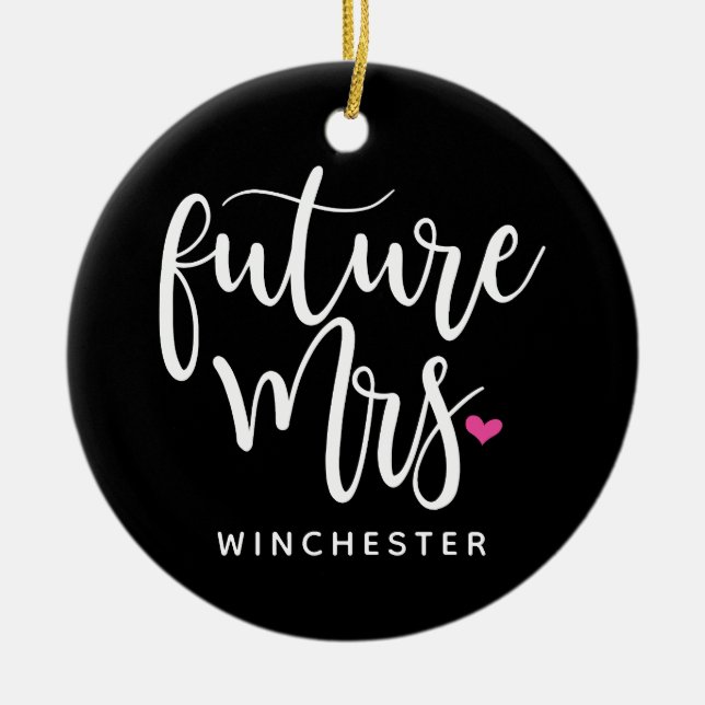 Ornamento De Cerâmica Futuro Sra. (nome) em Script Branco (Frente)