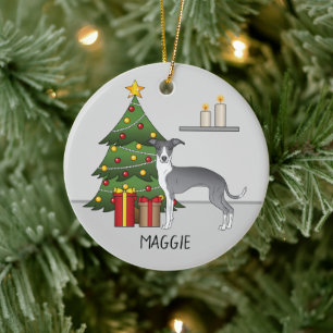 Ornamento De Cerâmica Galgo Italiano Azul e Branco & Árvore de Natal