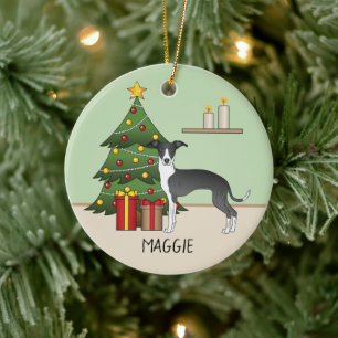 Ornamento De Cerâmica Galgo Italiano Preto e Branco & Árvore de Natal