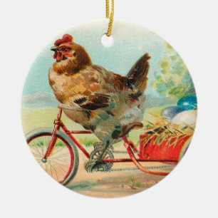 Ornamento De Cerâmica Galinha-Páscoa-Vintage a Andar por um Ovo de Pás