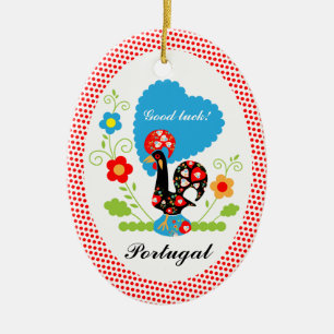Ornamento De Cerâmica Galo português com bolinhas vermelhas
