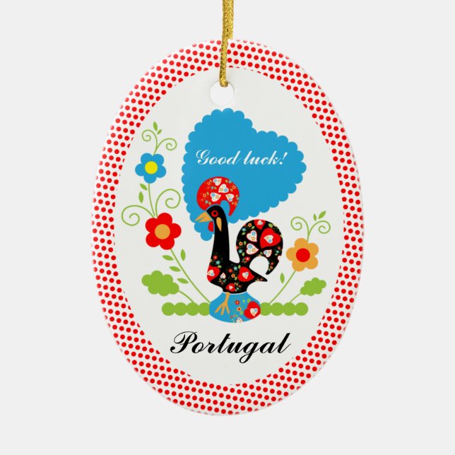Ornamento De Cerâmica Galo português com bolinhas vermelhas (Frente)