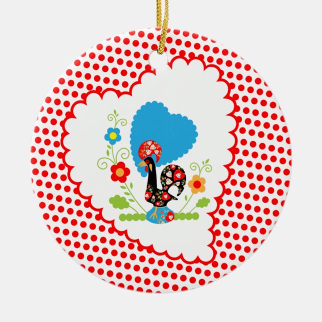 Ornamento De Cerâmica Galo português com bolinhas vermelhas (Frente)