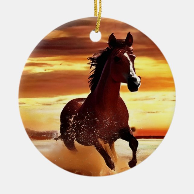 Ornamento De Cerâmica Galopagem De Cavalos Selvagens Através Do Surf (Frente)