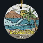 Ornamento De Cerâmica Galveston Beach Texas Vintage<br><div class="desc">Galveston Beach desenhou uma ilustração com montanhas e ondas oceânicas ao fundo. Perfeito para quem ama visitar Galveston Beach.</div>