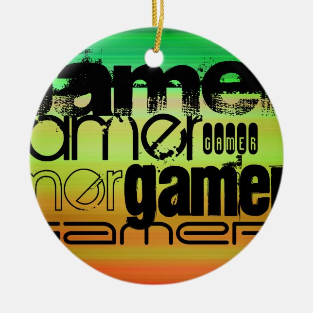 Ornamento De Cerâmica Gamer; Verde vibrante, Laranja e Amarelo (Frente)