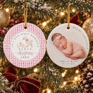 Ornamento De Cerâmica Ganso Bobo Xadrez Foto Primeiro Natal do Bebê