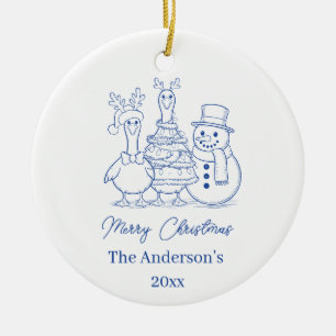 Ornamento De Cerâmica Ganso de Natal Família Doodle azul moderno