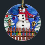 Ornamento De Cerâmica Garden Snowman<br><div class="desc">Pintura de aquarela original de Sandra Gale de um feliz boneco de neve em um jardim de inverno coberto de neve. design de excelente para jardineiros,  crianças,  Mães e qualquer um que goste de neve e cenas de jardim rural.</div>