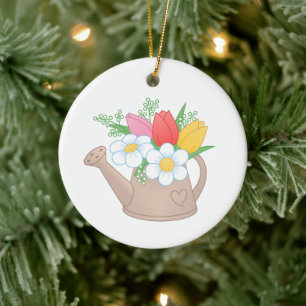 Ornamento De Cerâmica Garden Watering Can com Flores