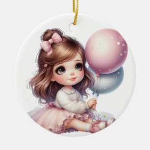 ORNAMENTO DE CERÂMICA GAROTA BONITA EM VESTIDO COM BALÃO DE PINCO