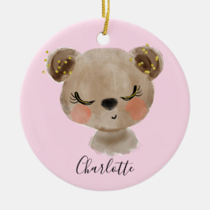Ornamento De Cerâmica Garota Bonita Pastel Pincelão Rosa Urso Castanho