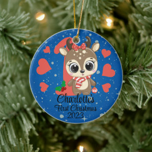 Ornamento De Cerâmica Garota Bonita Reindeer Bebê Primeiro Natal