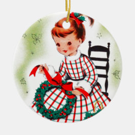 Ornamento De Cerâmica Garota Clássica De Natal Com Fitas De Fita