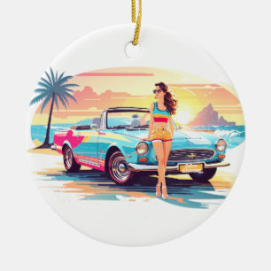 Ornamento De Cerâmica Garota com carro e natureza dos sonhos