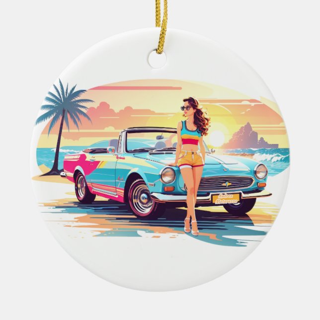 Ornamento De Cerâmica Garota com carro e natureza dos sonhos (Frente)