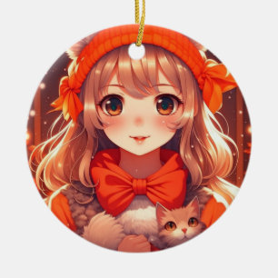 Ornamento De Cerâmica Garota de Anime com Gatinho Laranja Natal