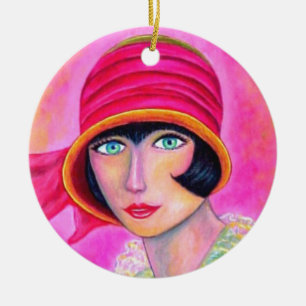 Ornamento De Cerâmica Garota de Flapper dos Vinte Anos com Chapéu Rosa