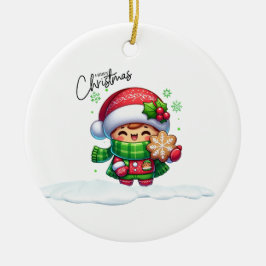 Ornamento De Cerâmica Garota de Natal Segurando um Biscoito 