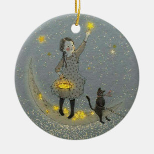 Ornamento De Cerâmica Garota e Gato na Lua e Estrelas