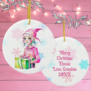 Ornamento De Cerâmica Garota Elfa de Natal Antiga Rosa