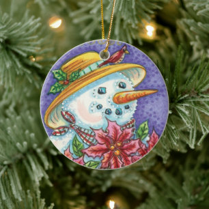 Ornamento De Cerâmica Garota Natal Adorável Boneco de Neve com Poinsetti