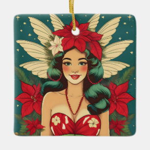 Ornamento De Cerâmica Garota Pin-Up de Natal Tropical dos Anos 50 Retrô