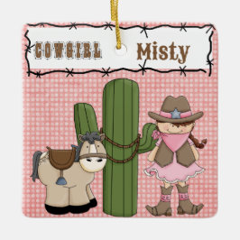 Ornamento De Cerâmica Garota rosa bonito (cabelo castanho) e Pony-2