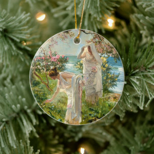 Ornamento De Cerâmica Garotas gregas na praia, árvore de Natal