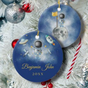 Ornamento De Cerâmica Garoto Dourado Galáxia Lua Estrelas foguete OVNI