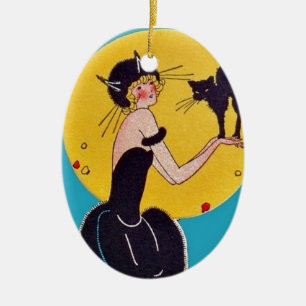 Ornamento De Cerâmica Gata de Halloween e Gato Negro