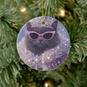 Ornamento De Cerâmica Gata Rainha Glamurosa Retrato de Fantasia Brilhant