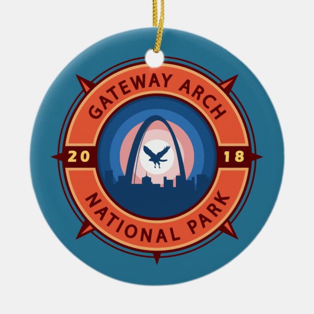 Ornamento De Cerâmica Gateway Arch National Park Retro Compass Emblem (Frente)