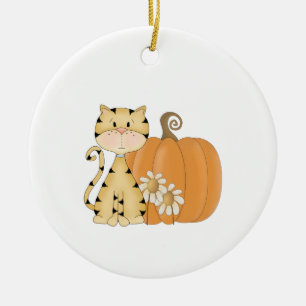 Ornamento De Cerâmica Gatinho alaranjado com abóbora