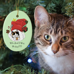 Ornamento De Cerâmica Gatinho Alegre de Natal Calico Vermelho Feriados