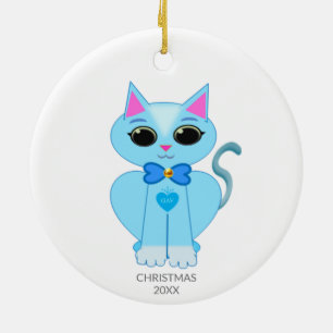 Ornamento De Cerâmica Gatinho azul claro fofo & texto