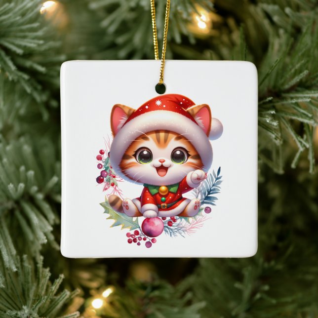 Ornamento De Cerâmica Gatinho bonitinho em Papais noeis Figurino Natal (Árvore)