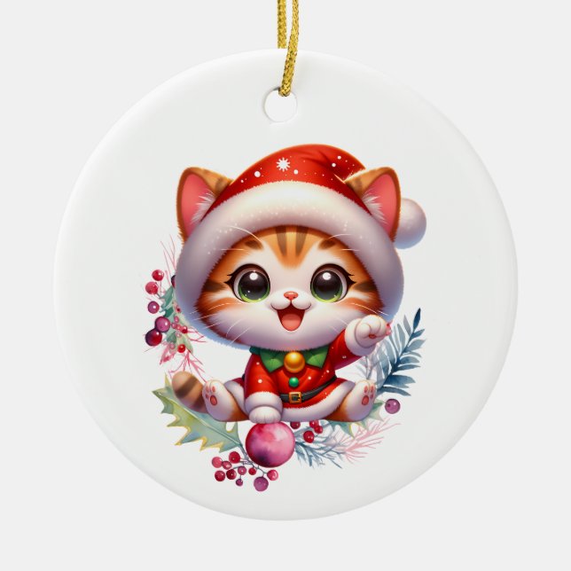 Ornamento De Cerâmica Gatinho bonitinho em Papais noeis Figurino Natal (Frente)