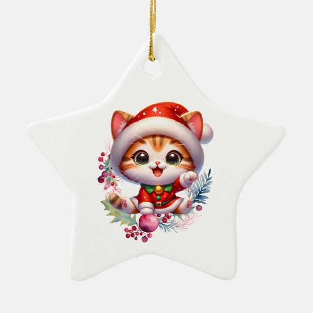 Ornamento De Cerâmica Gatinho bonitinho em Papais noeis Figurino Natal (Frente)
